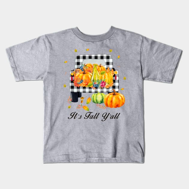 It's fall y'all Autumn Pumpkin Truck Buffalo plaid Kids T-Shirt by gogo-jr